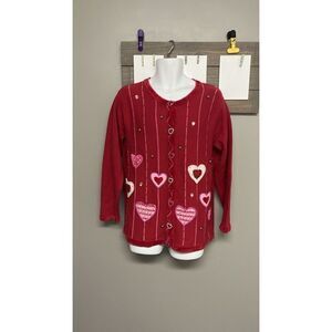 The Quacker Factory Valentine Cardigan Sweater Beaded Hearts Red/Pink Medium